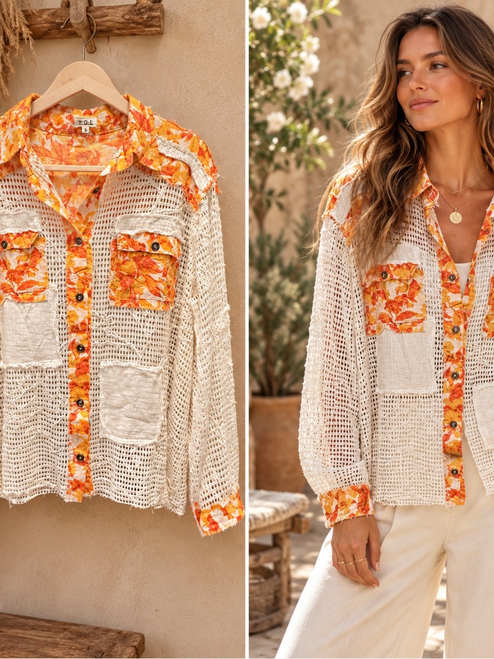 POL Cream Crochet Button-Down Shirt with Orange Floral Trim